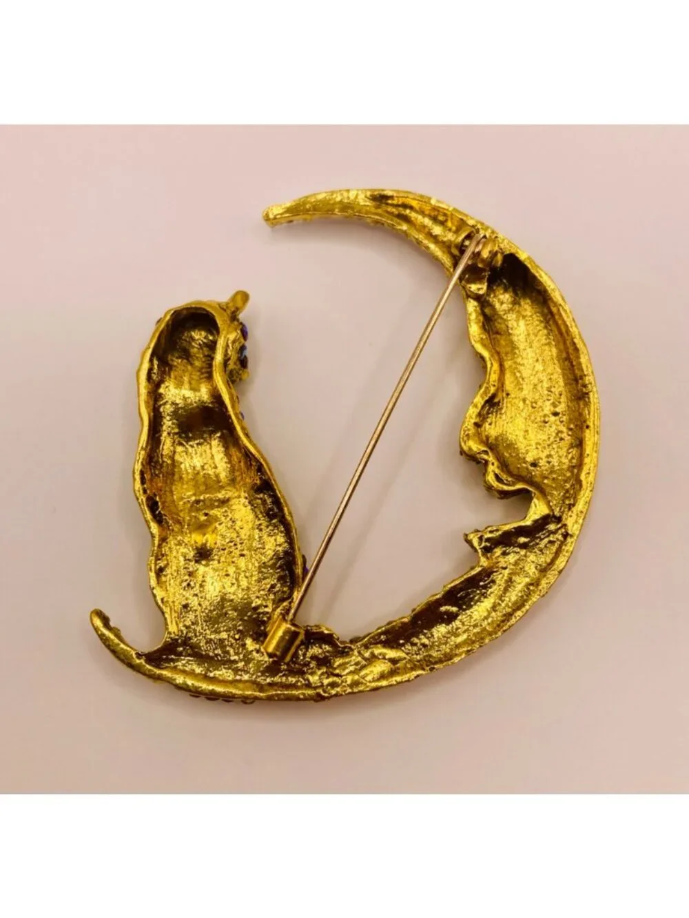 Crescent Moon & Cat Rhinestone Gold Tone Brooch Pin -46B